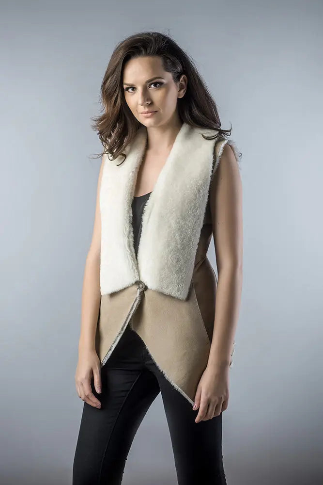 Beige Genuine Nappa Lambskin Merino Fur Vest-0