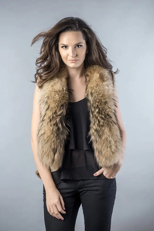 Beige Lamb Nappa Leather Vest with Raccoon Fur Detailing-0