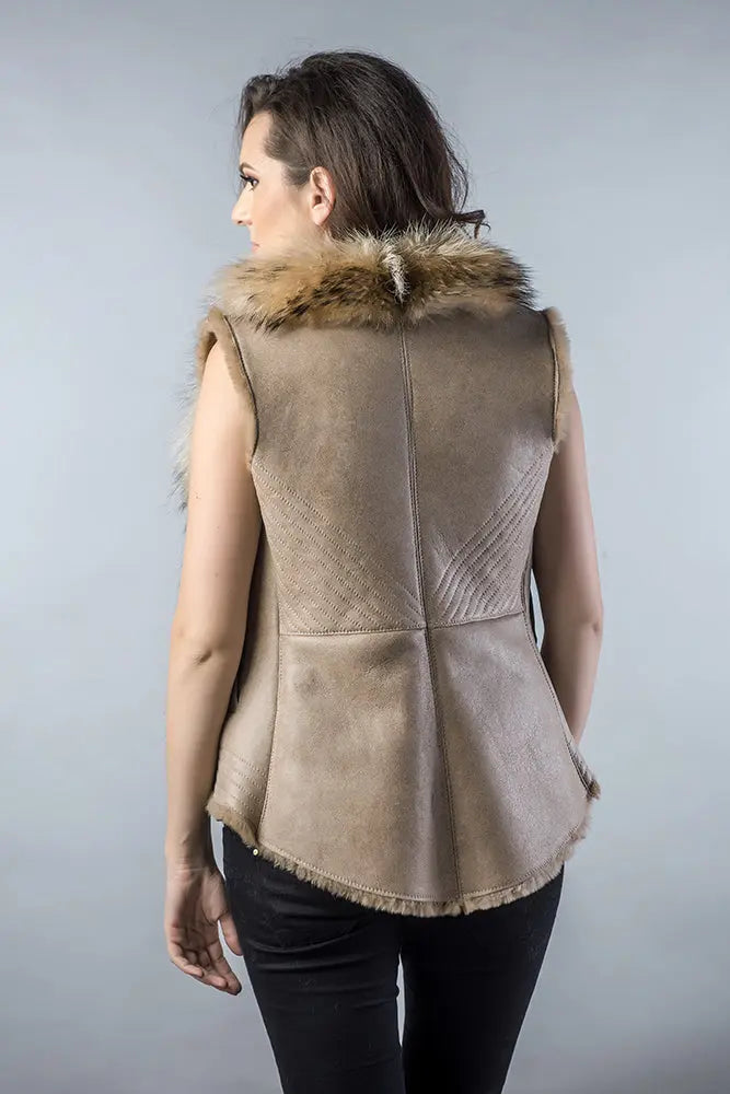 Beige Lamb Nappa Leather Vest with Raccoon Fur Detailing-1