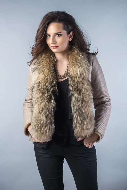 Beige Merino Shearling Jacket with Racoon Fur Collar-0