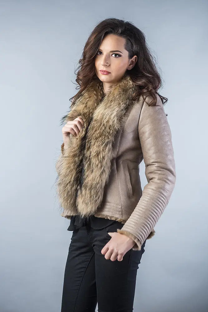 Beige Merino Shearling Jacket with Racoon Fur Collar-1