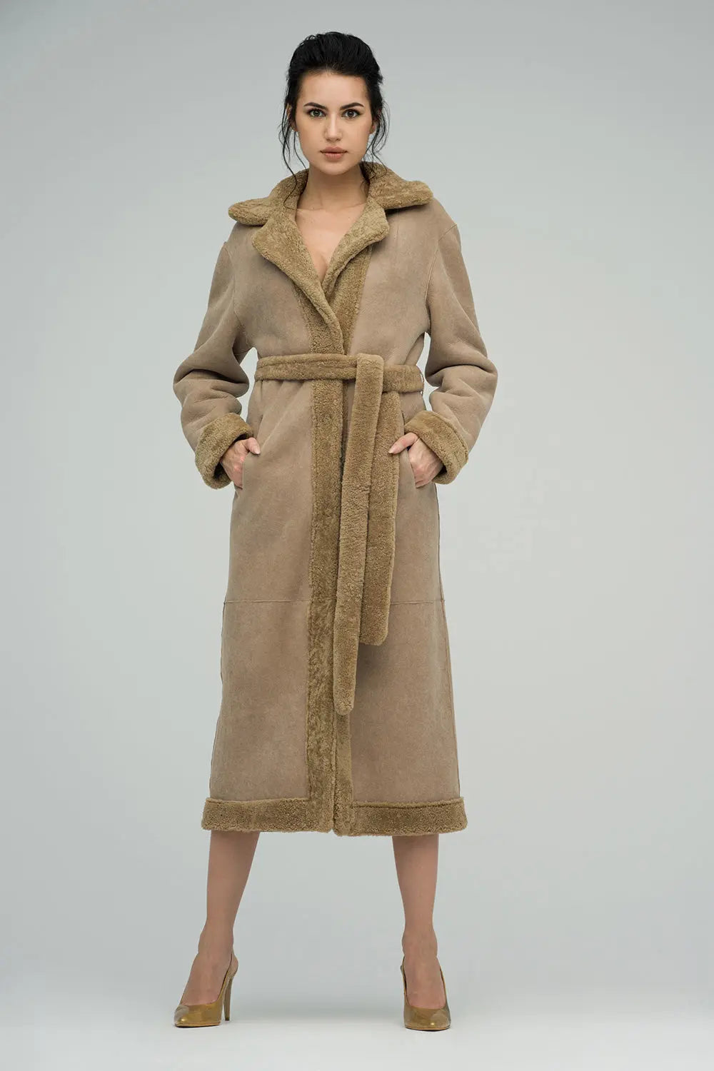 Beige Reversible Sheepskin Lamb Fur Maxi Coat-5