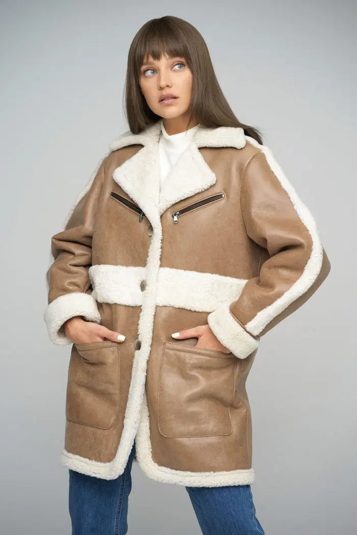 Beige Sheepskin Bomber Jacket-0