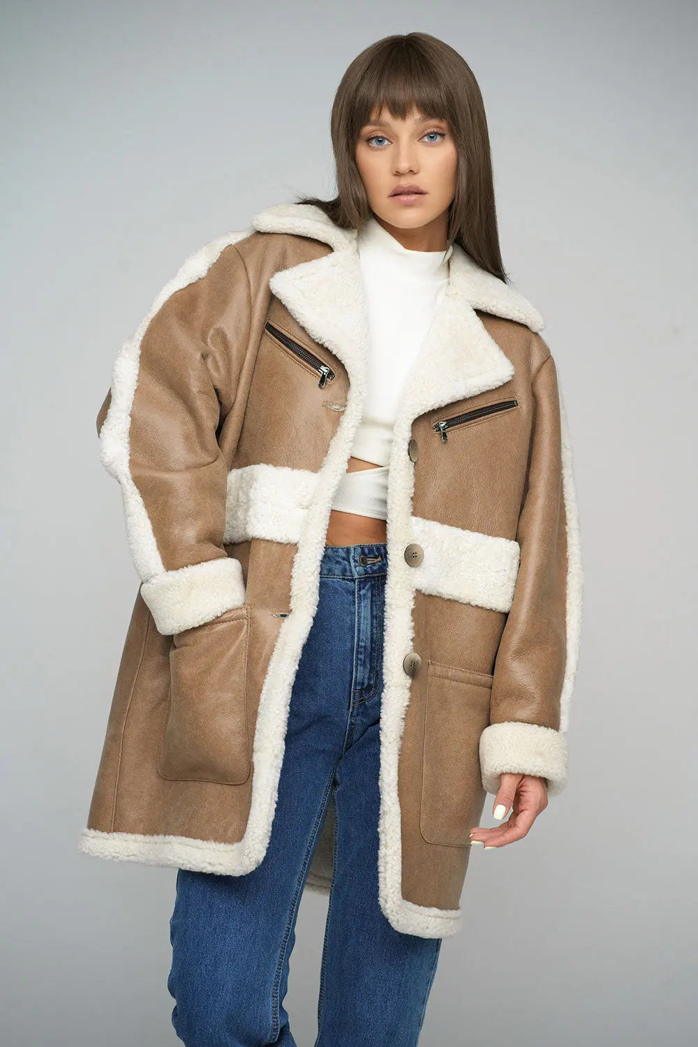 Beige Sheepskin Bomber Jacket-1