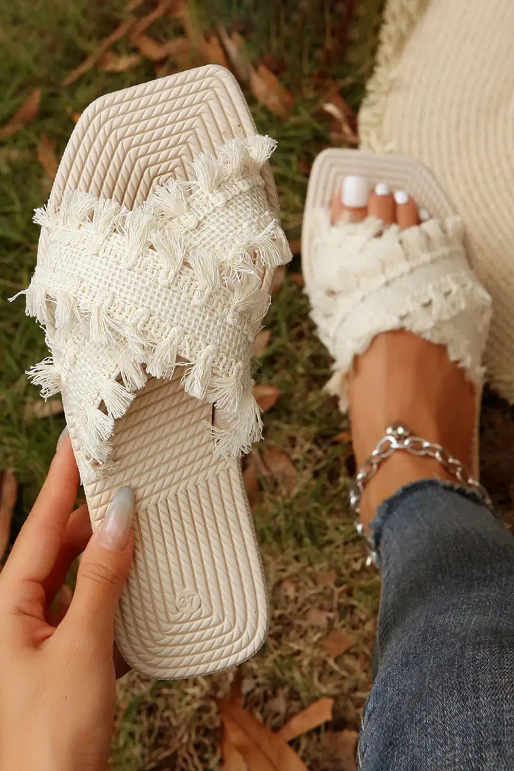 Beige Tassel Woven Crossed Straps Flat Slippers-0