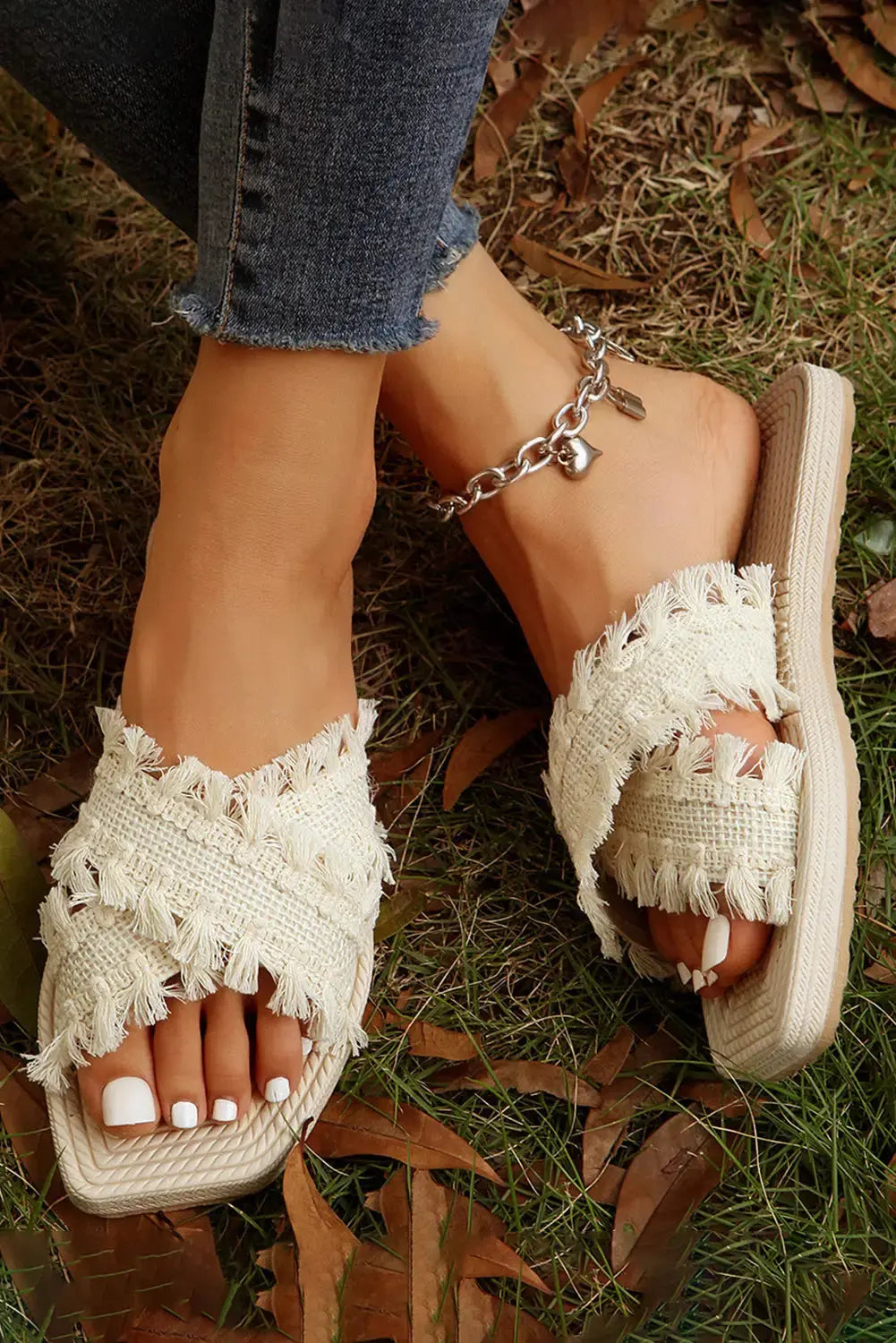 Beige Tassel Woven Crossed Straps Flat Slippers-1