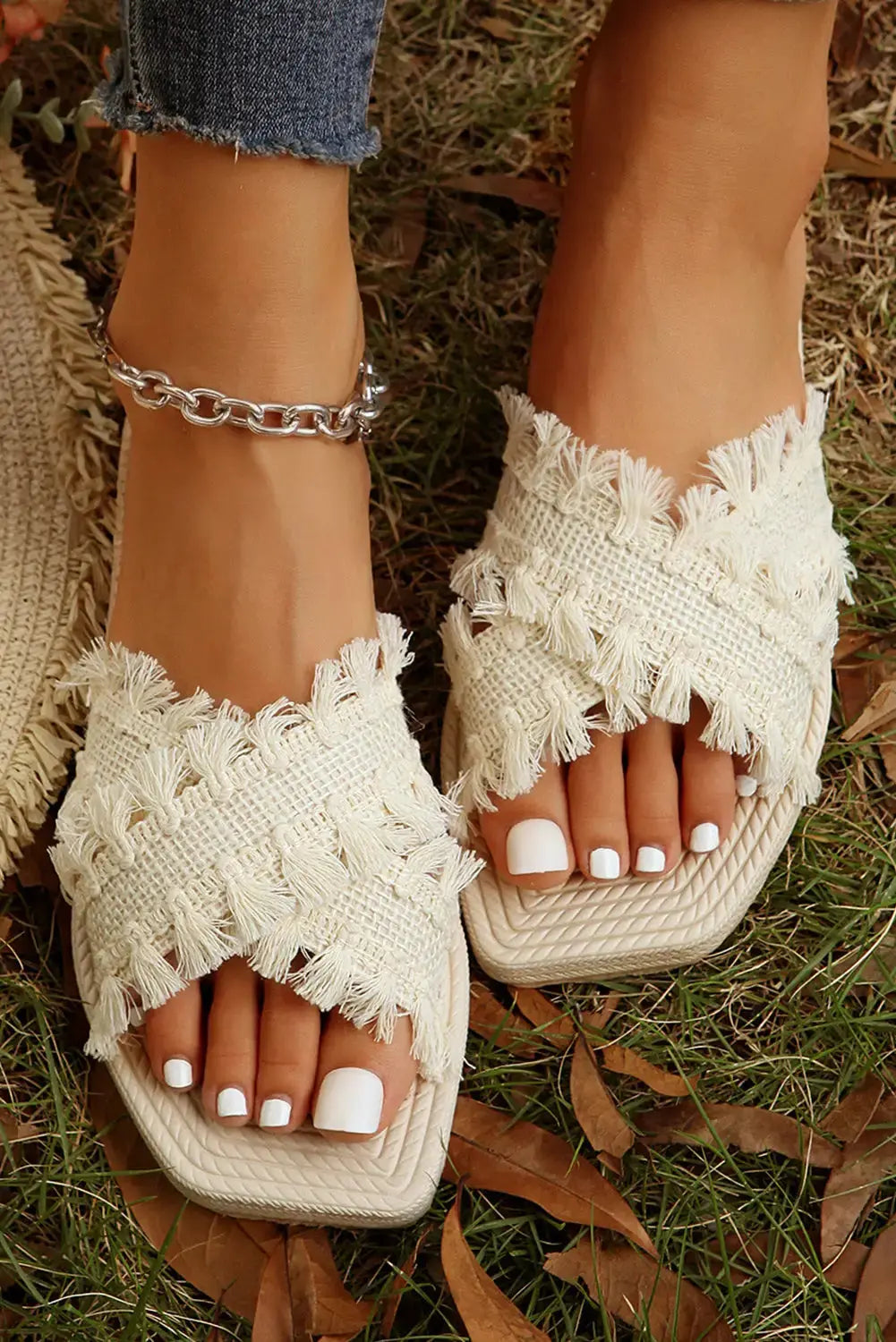 Beige Tassel Woven Crossed Straps Flat Slippers-2