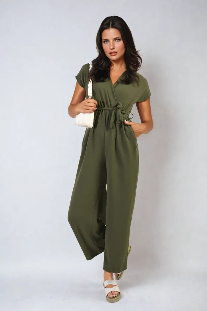 Belted V Neck Jumpsuit with Side Pockets-0