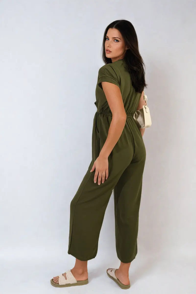 Belted V Neck Jumpsuit with Side Pockets-1