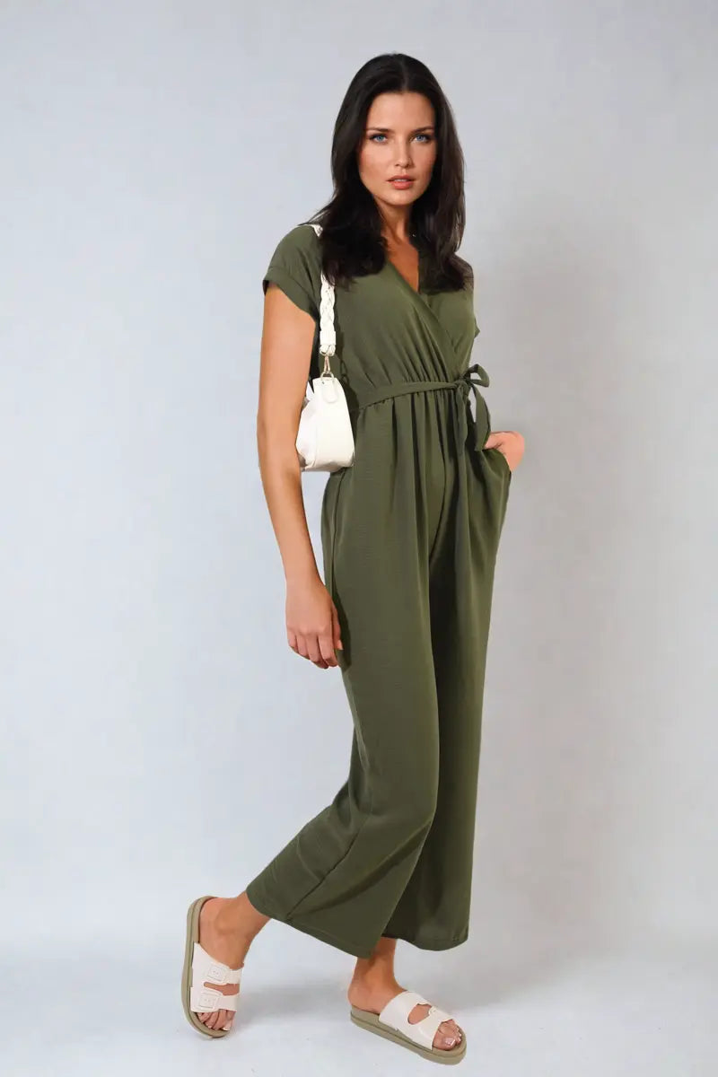 Belted V Neck Jumpsuit with Side Pockets-2