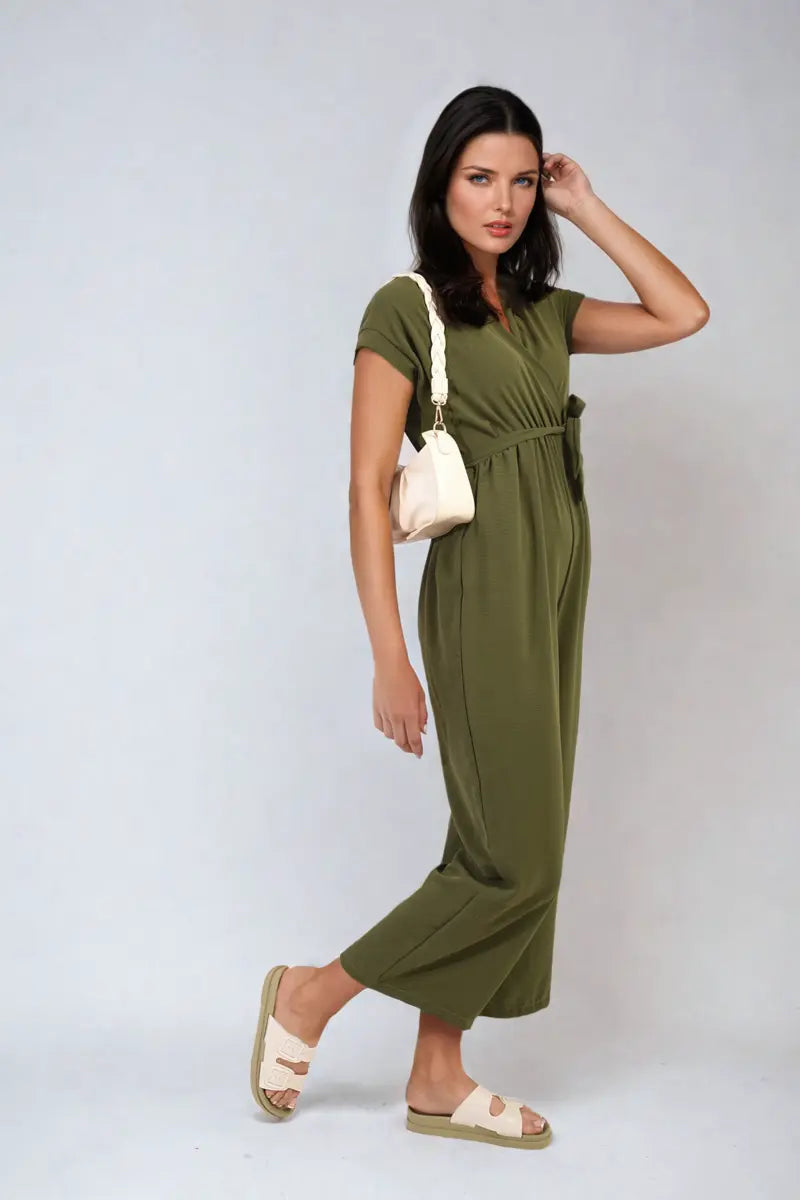 Belted V Neck Jumpsuit with Side Pockets-3