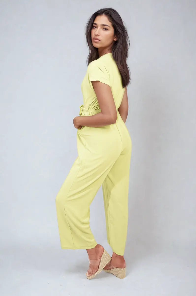 Belted V Neck Jumpsuit with Side Pockets-4