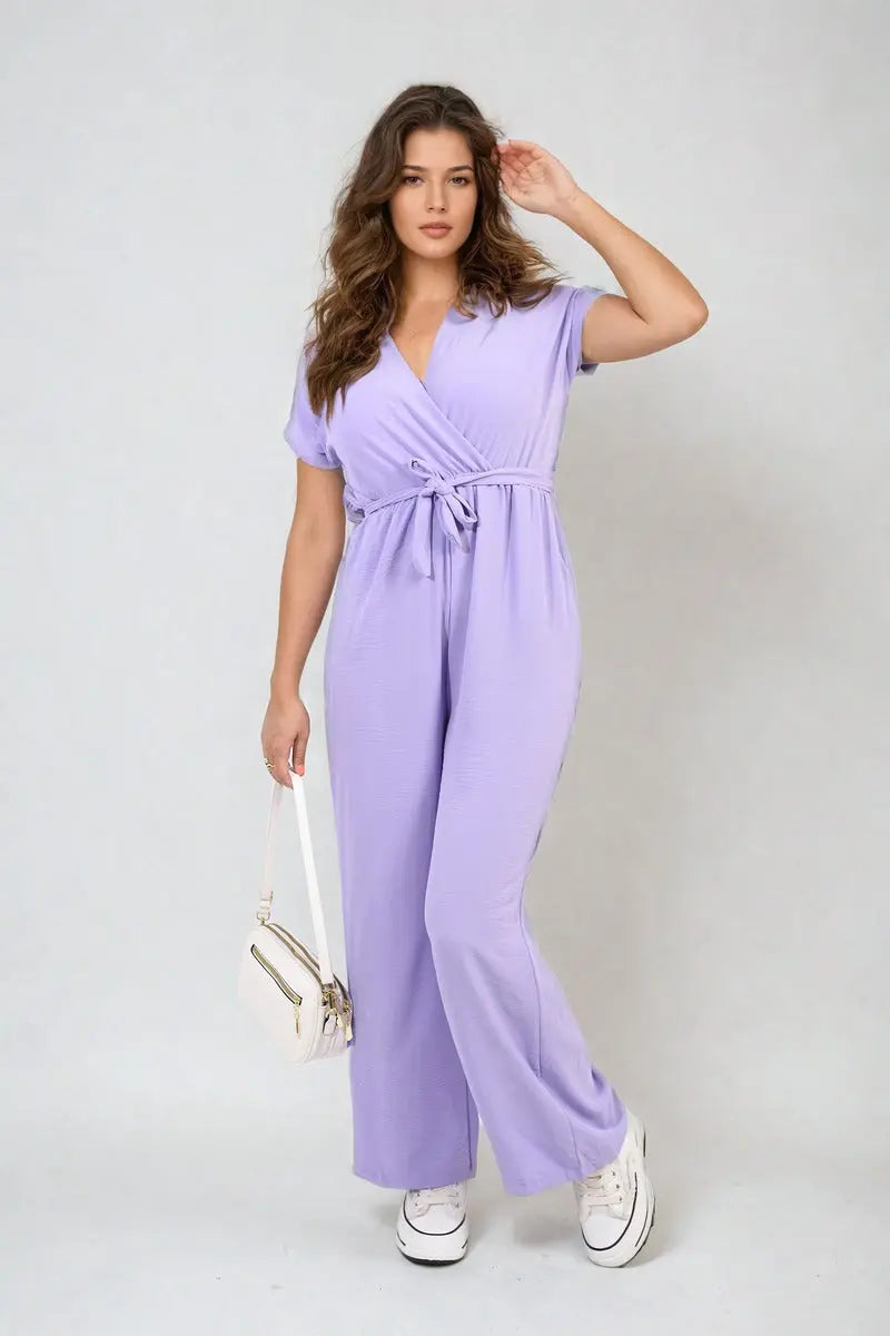 Belted V Neck Jumpsuit with Side Pockets-5