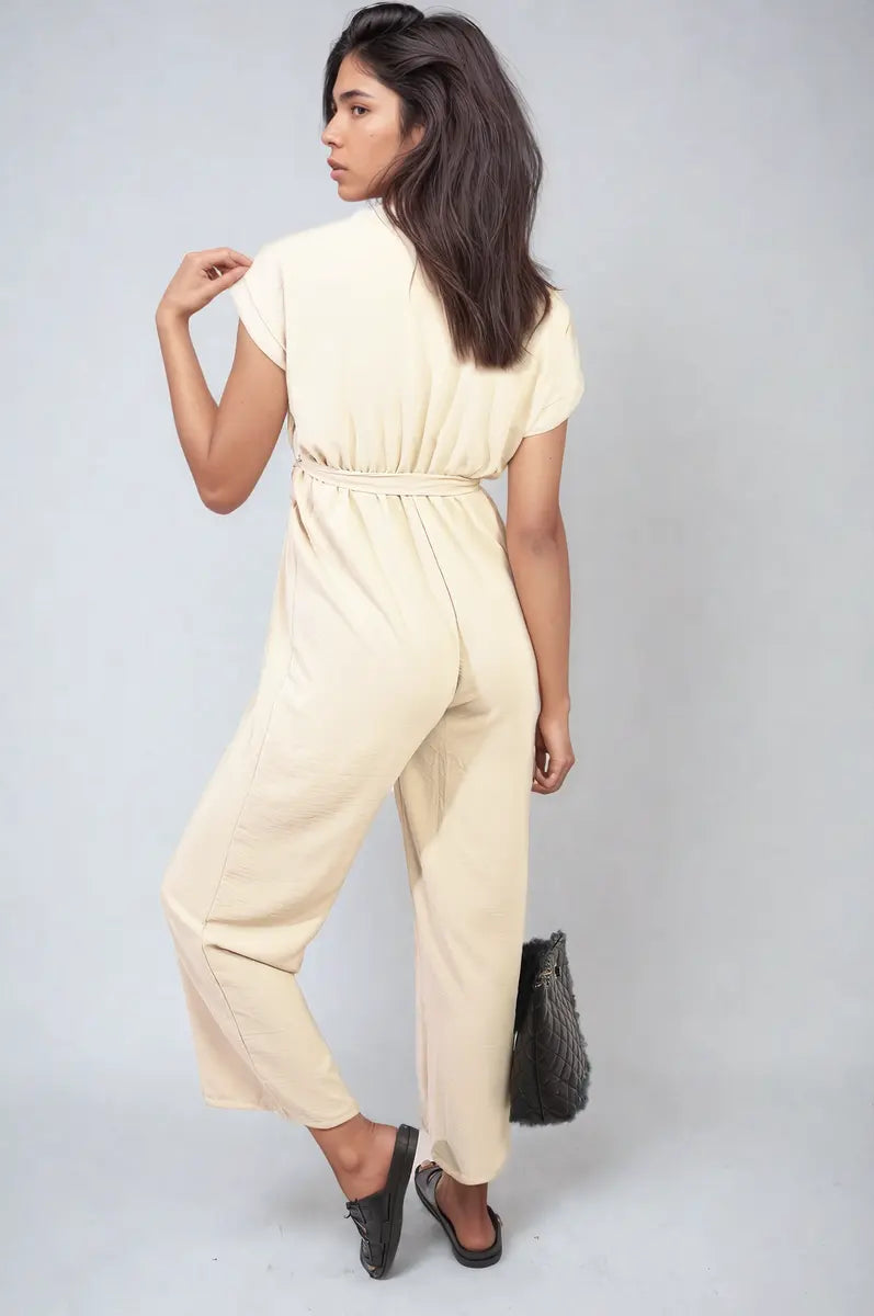 Belted V Neck Jumpsuit with Side Pockets-9