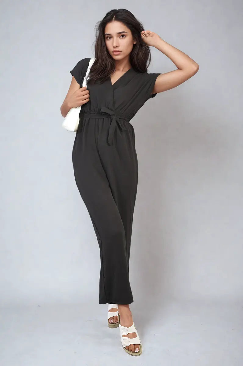 Belted V Neck Jumpsuit with Side Pockets-11