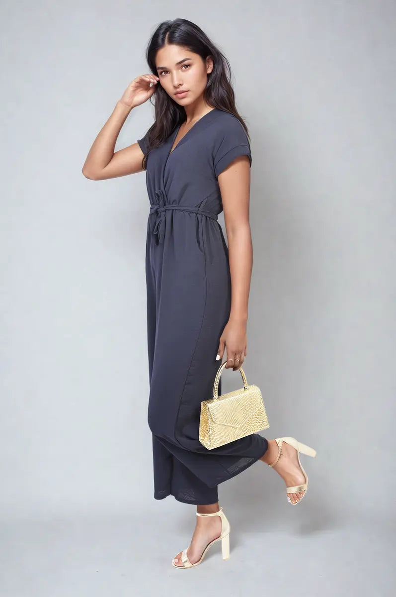 Belted V Neck Jumpsuit with Side Pockets-12