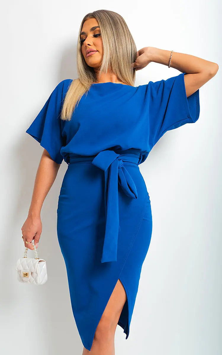 Belted Wrap Front Kimono Sleeve Midi Dress-2