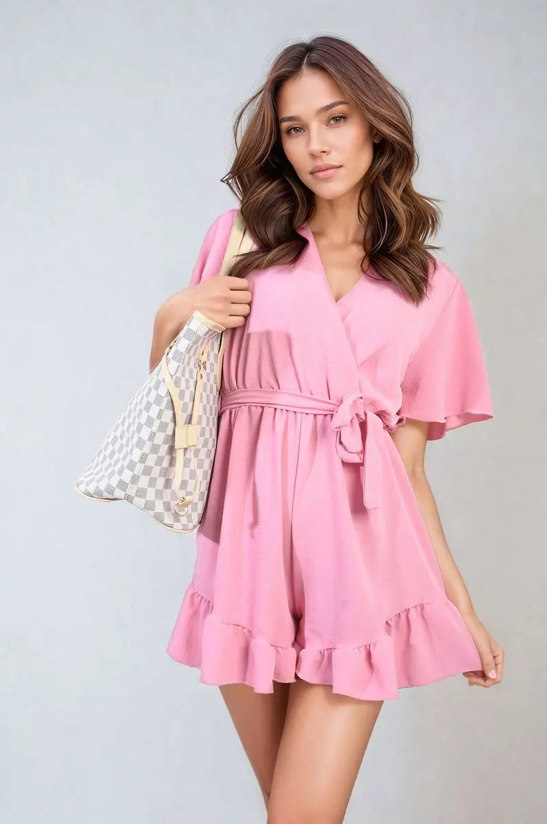 Belted Wrap-Over Frill Playsuit - Memoriex 