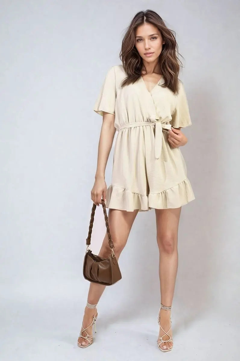 Belted Wrap-Over Frill Playsuit - Memoriex 