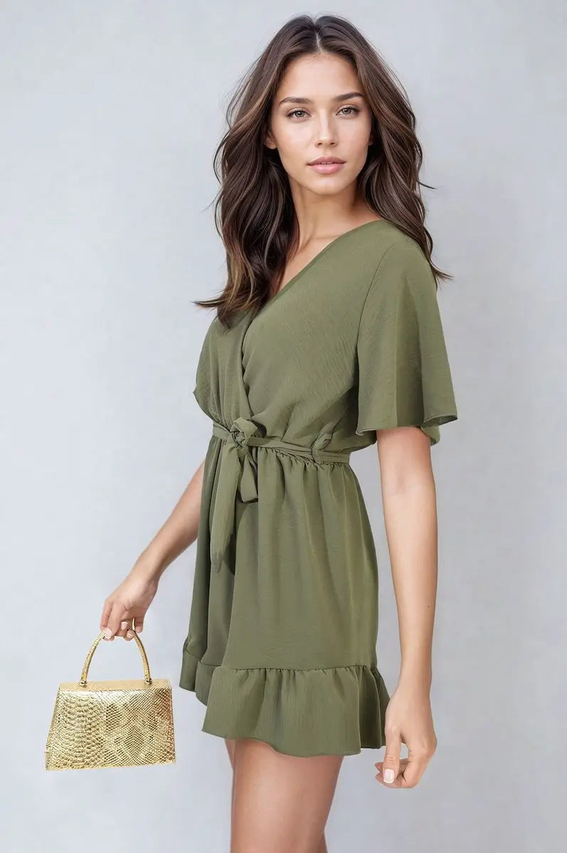 Belted Wrap-Over Frill Playsuit - Memoriex 