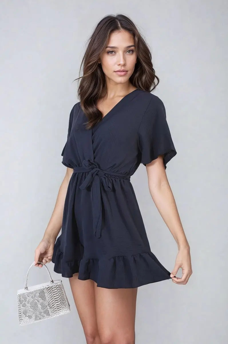 Belted Wrap-Over Frill Playsuit - Memoriex 