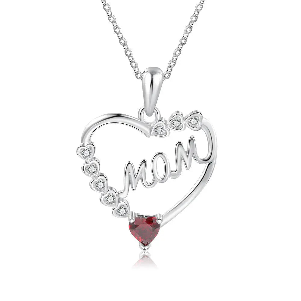 Birthstone Rhodium Plated Heart Shape Mom Necklace-0