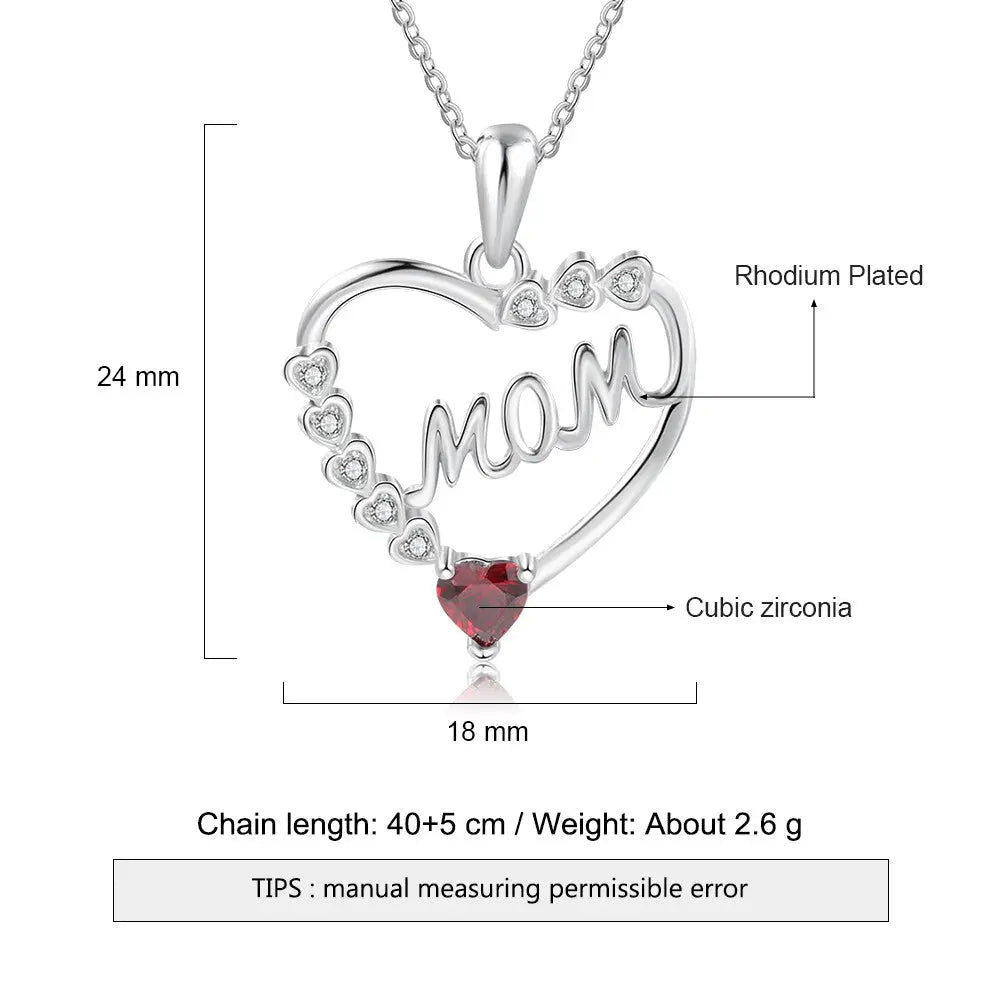 Birthstone Rhodium Plated Heart Shape Mom Necklace-3