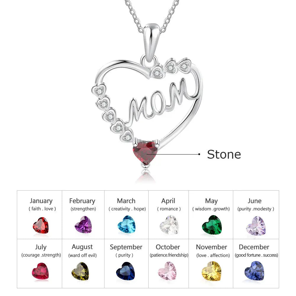 Birthstone Rhodium Plated Heart Shape Mom Necklace-4