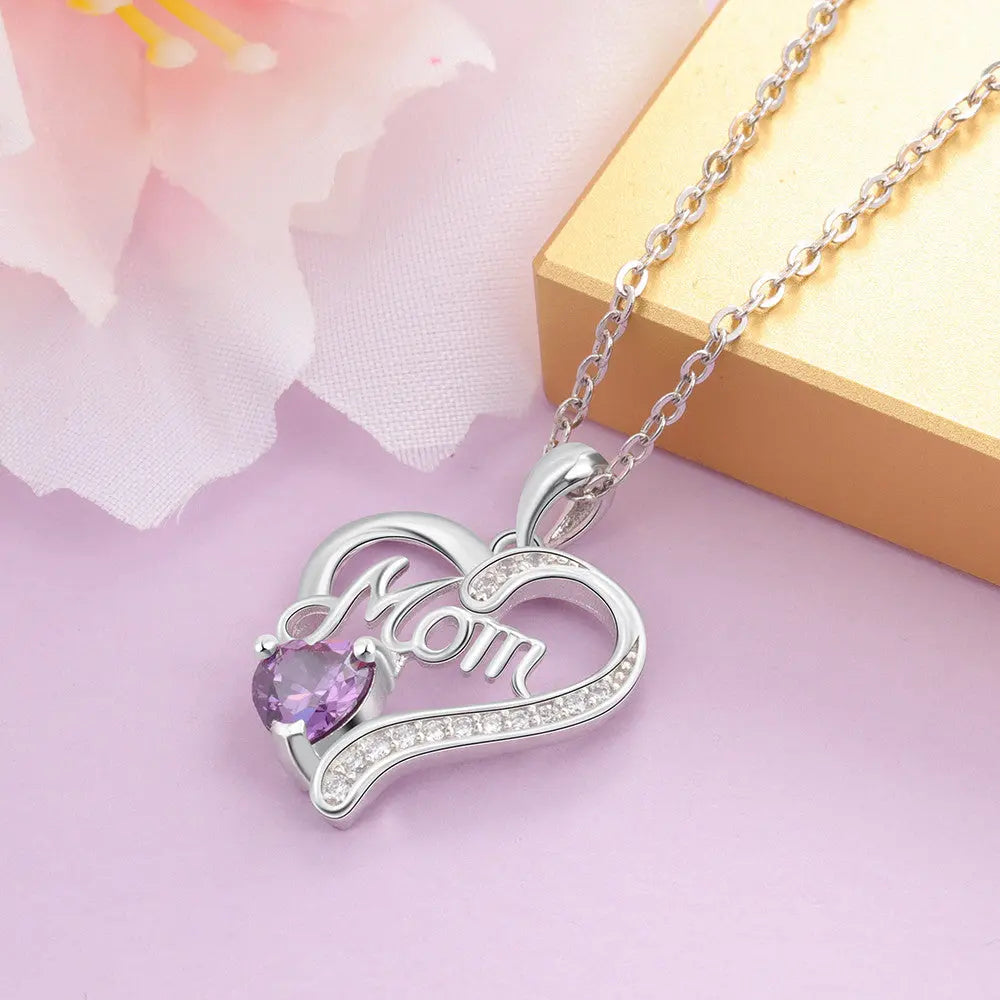 Birthstone Rhodium Plated Mom Necklace-3