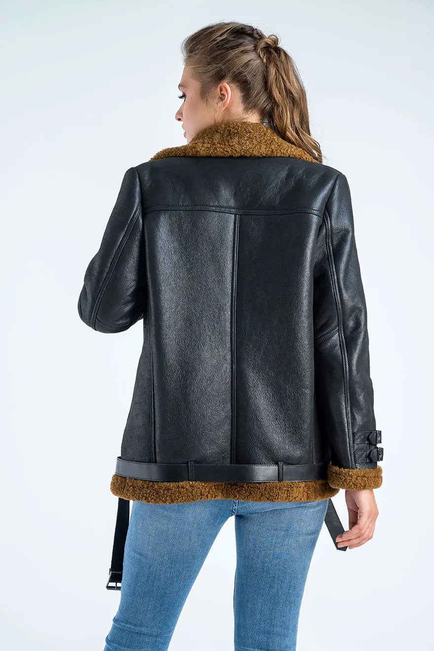 Black Biker Bomber Sheepskin Jacket with Cognac Shearling Fur-1