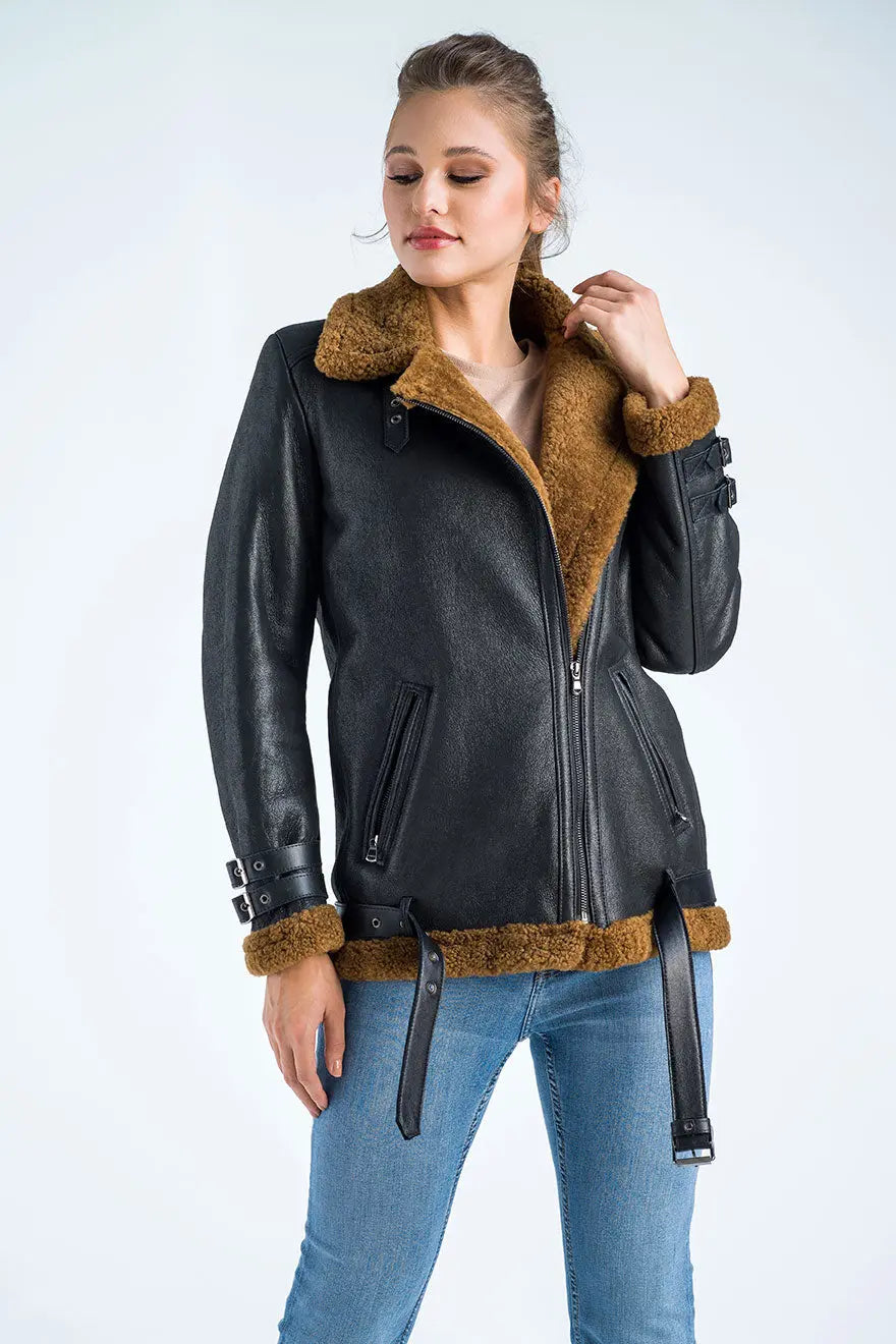 Black Biker Bomber Sheepskin Jacket with Cognac Shearling Fur-2