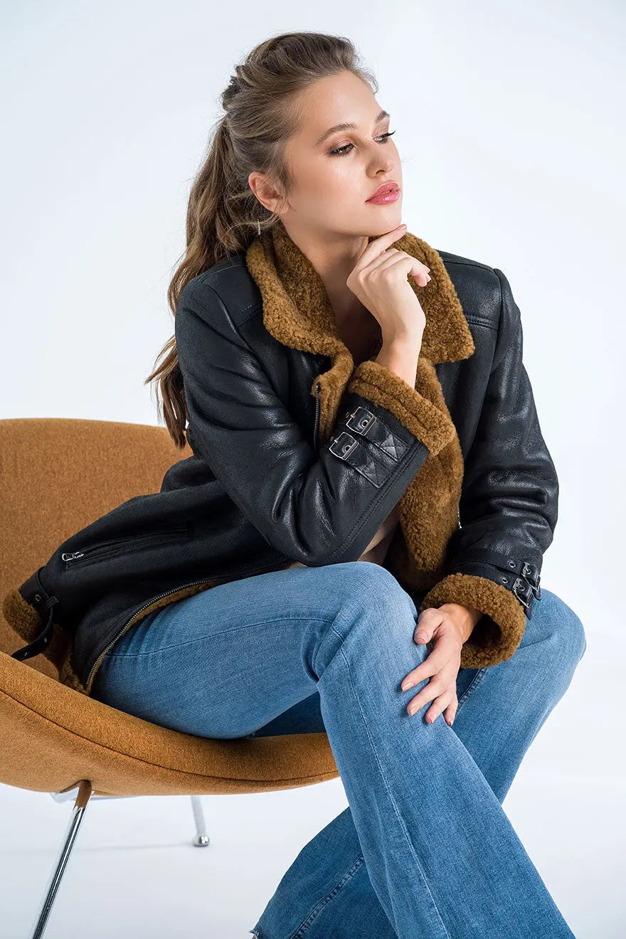 Black Biker Bomber Sheepskin Jacket with Cognac Shearling Fur-3