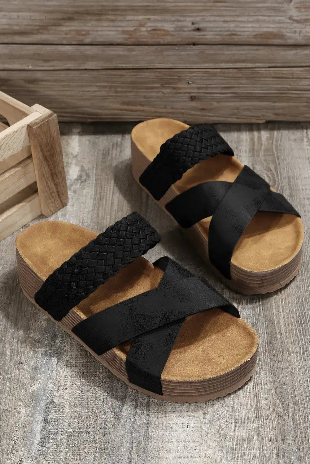 Black Braided Detail Criss Cross Platform Slippers-3