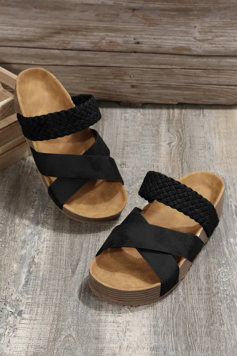 Black Braided Detail Criss Cross Platform Slippers-4