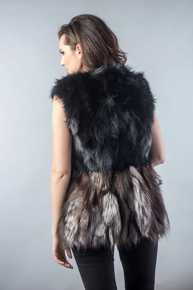 Black Brown Genuine Fox Fur Vest-1