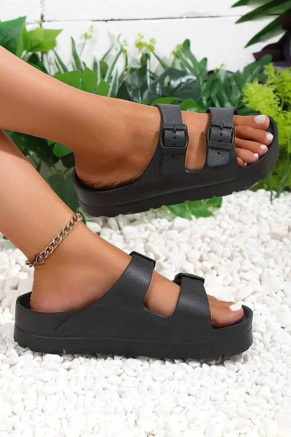 Black Double-buckle EVA Slippers-3