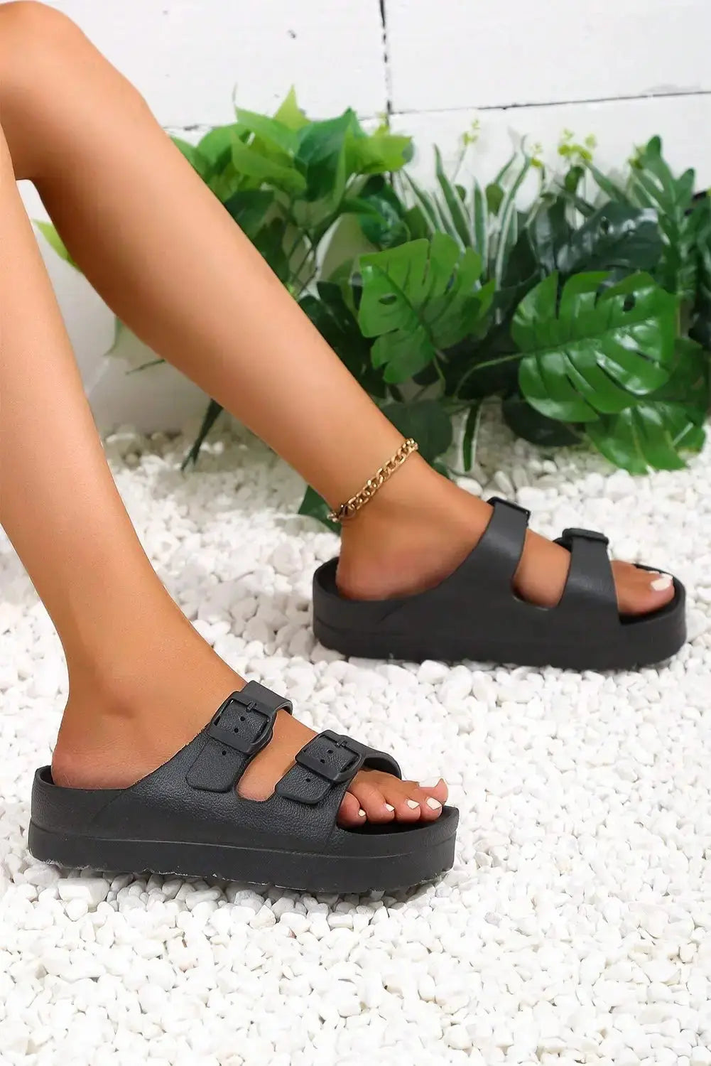 Black Double-buckle EVA Slippers-5