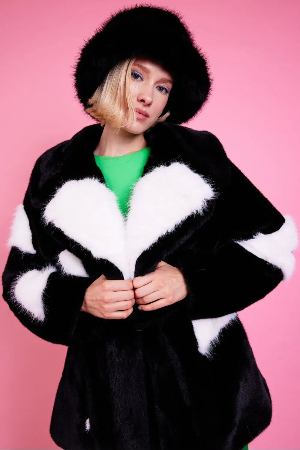 Black Eco Bamboo Faux Fur Coat with Love Heart Detailing-0