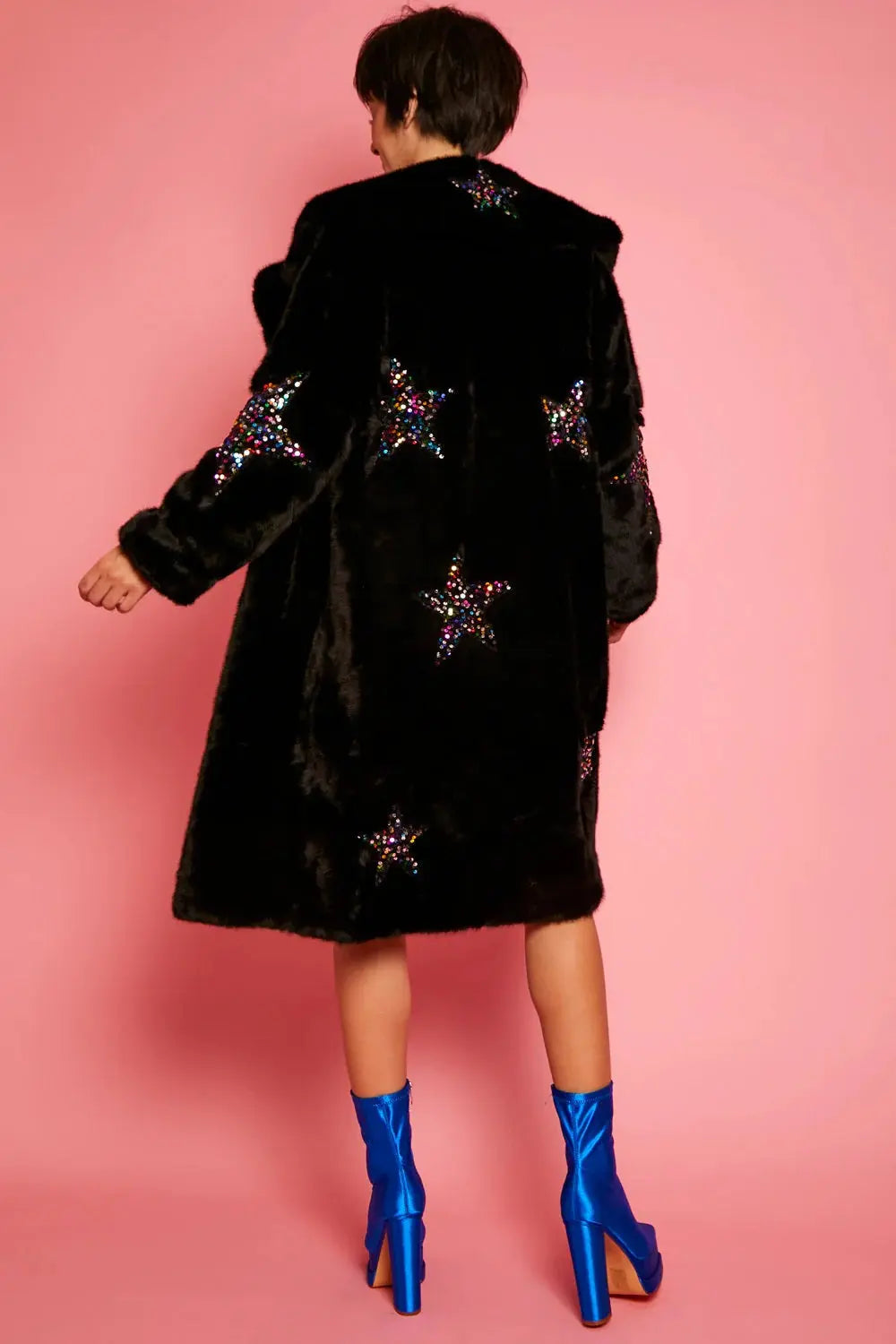 Black Eco Bamboo Faux Fur Sequin Star Coat-5