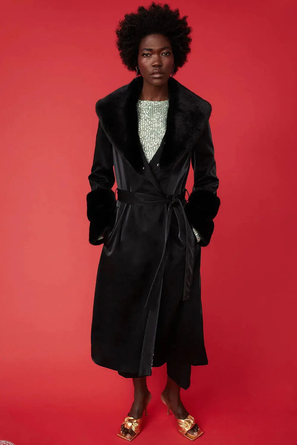 Black Faux Leather Trench Coat with Faux Fur Collar and Cuffs-1