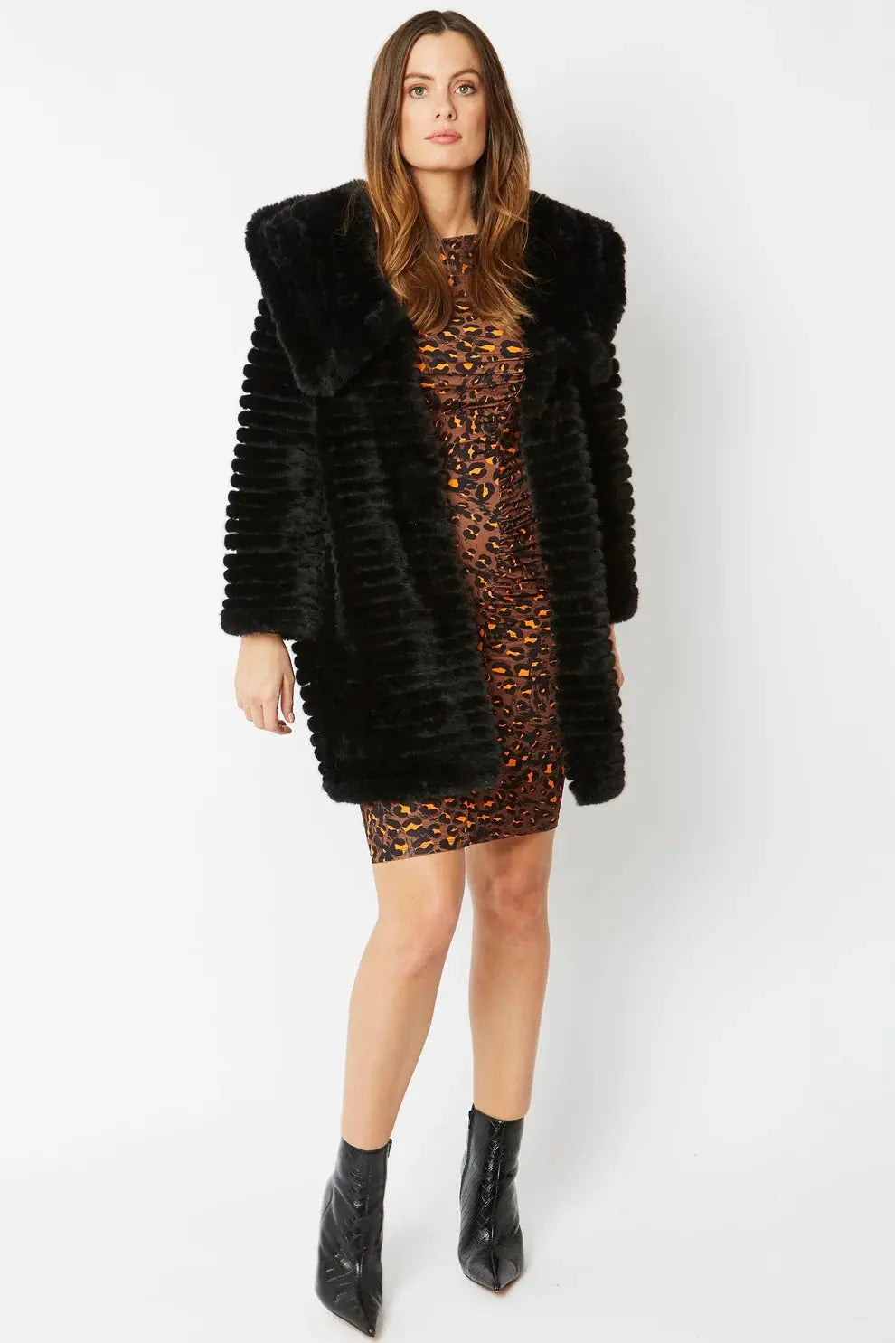 Black Faux Mink Fur Hooded Coat-0