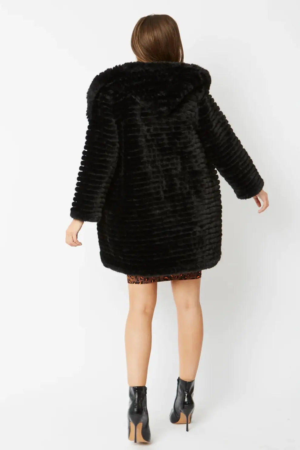 Black Faux Mink Fur Hooded Coat-3