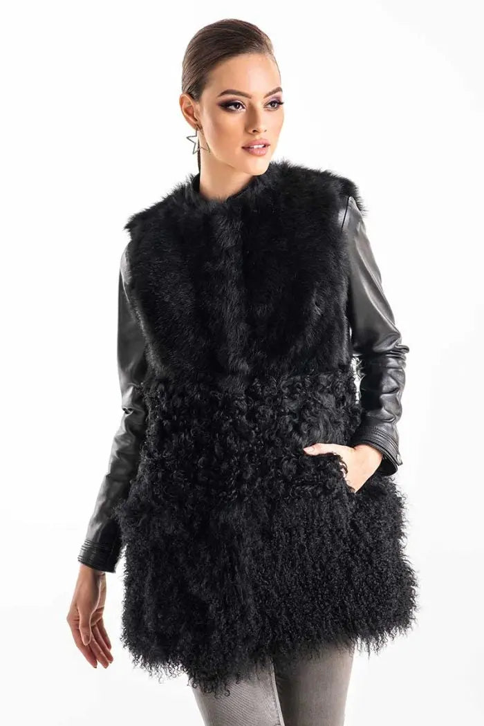 Black Geniune Sheepskin Fur Vest-0