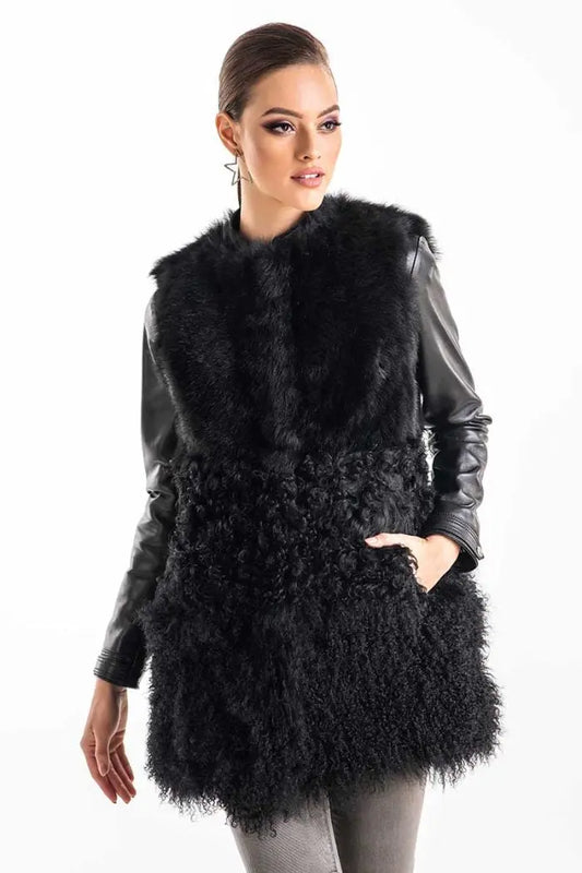 Black Geniune Sheepskin Fur Vest-0