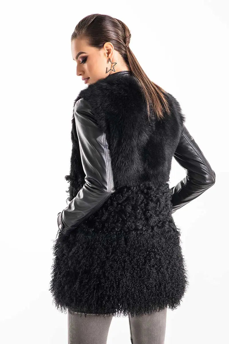 Black Geniune Sheepskin Fur Vest-1