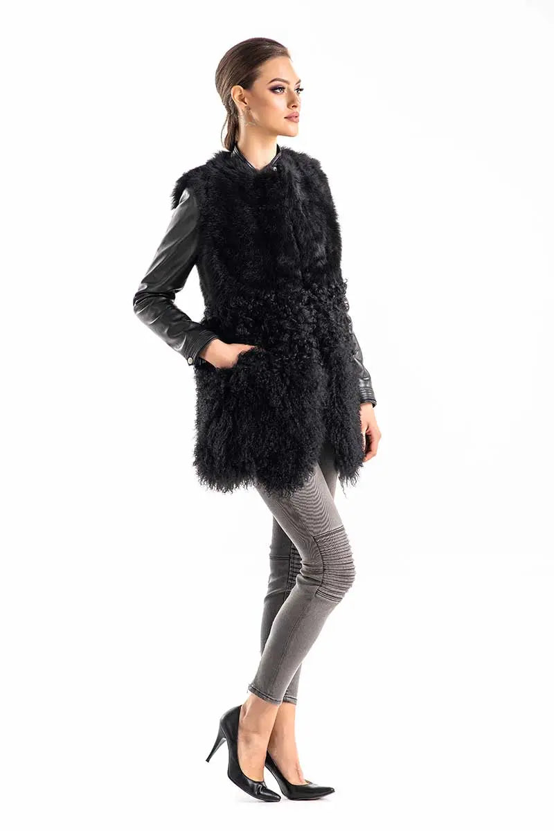 Black Geniune Sheepskin Fur Vest-2