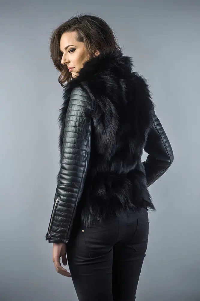 Black Genuine Arctic Fox Fur Lamb Nappa Leather Jacket-1