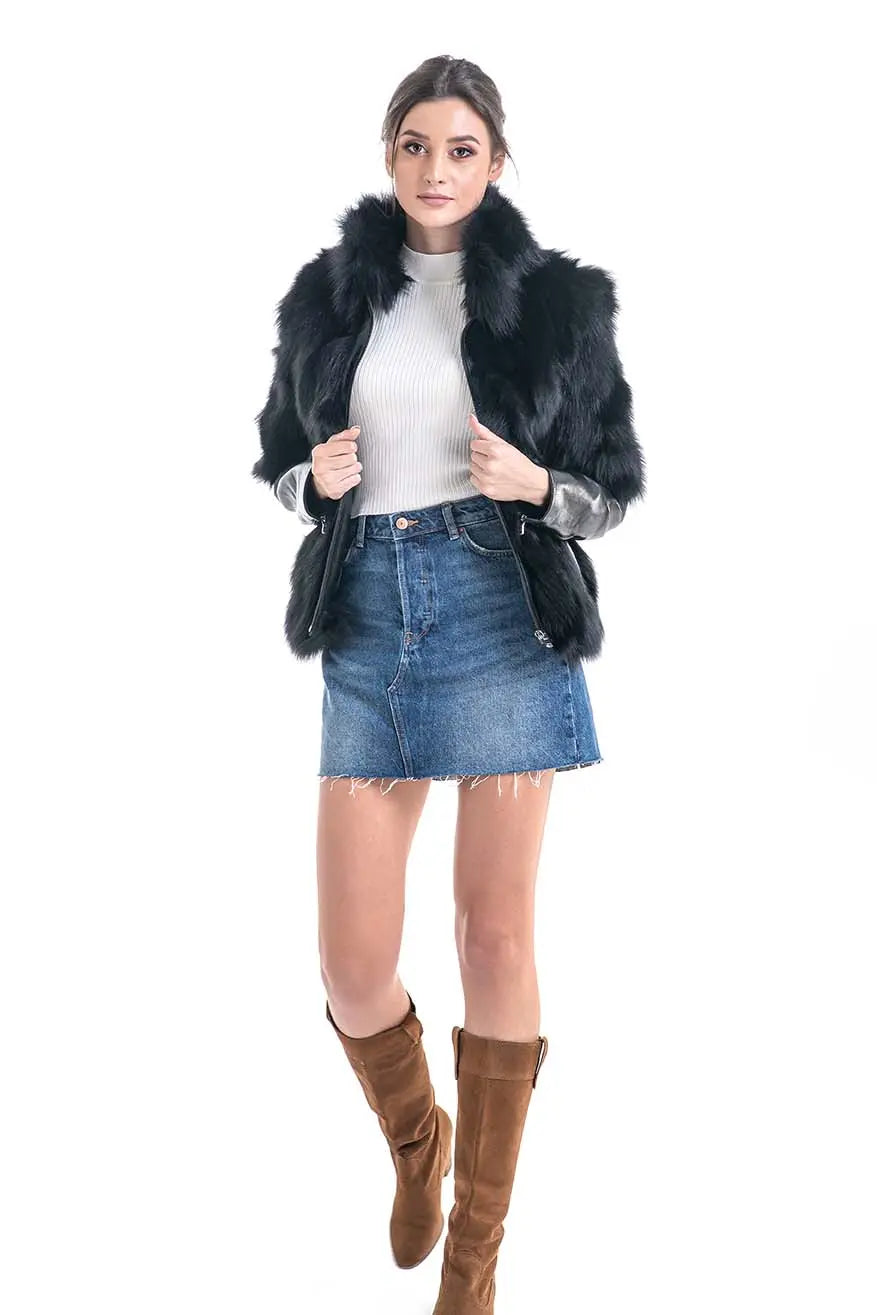 Black Genuine Fox Fur Jacket-2