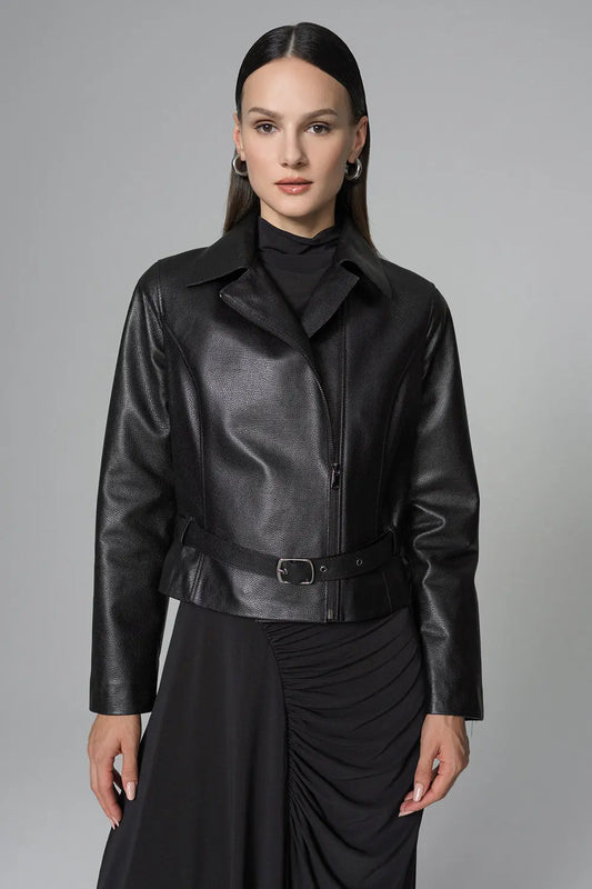 Black Genuine Leather Cropped Jacket with Stylish Belt-0