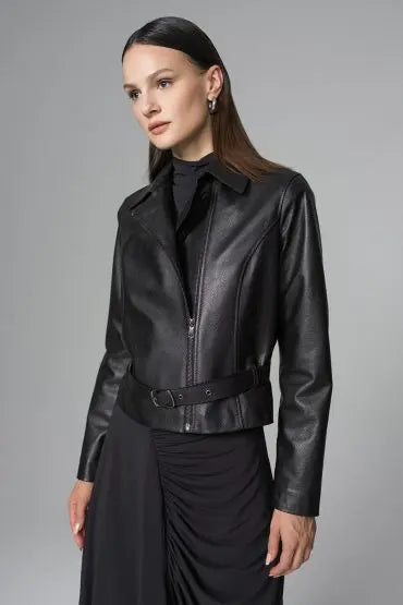 Black Genuine Leather Cropped Jacket with Stylish Belt-2